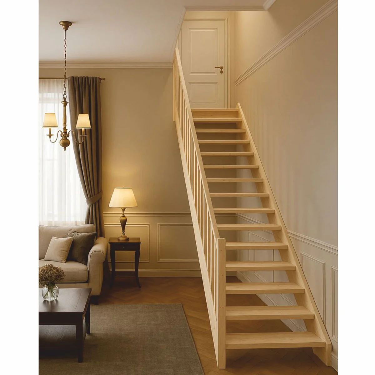 Luxury wooden staircase with railing left side natural color H. 307 cm