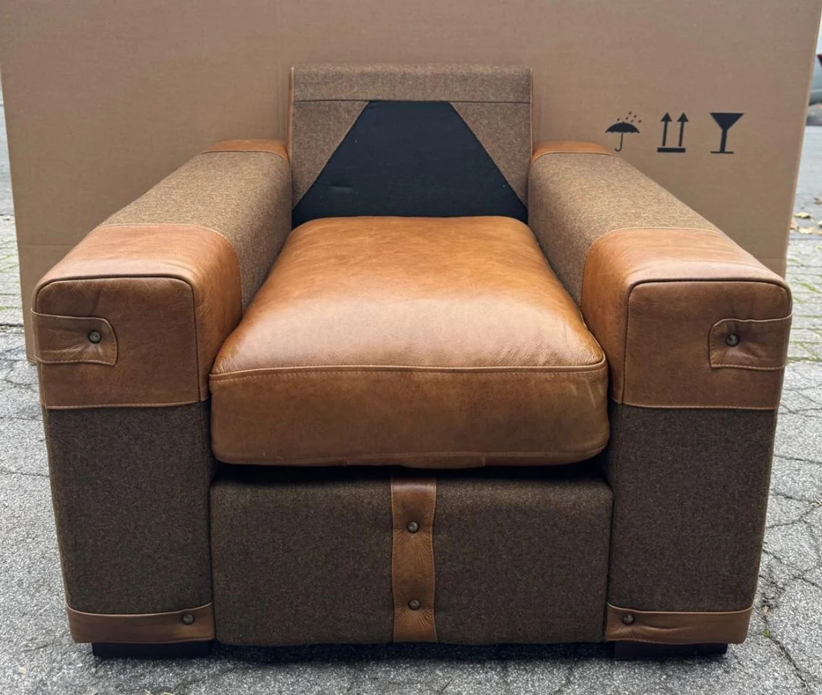 Luxus Leder Sessel Braun / Grau / Schwarz - Wohnzimmer Möbel