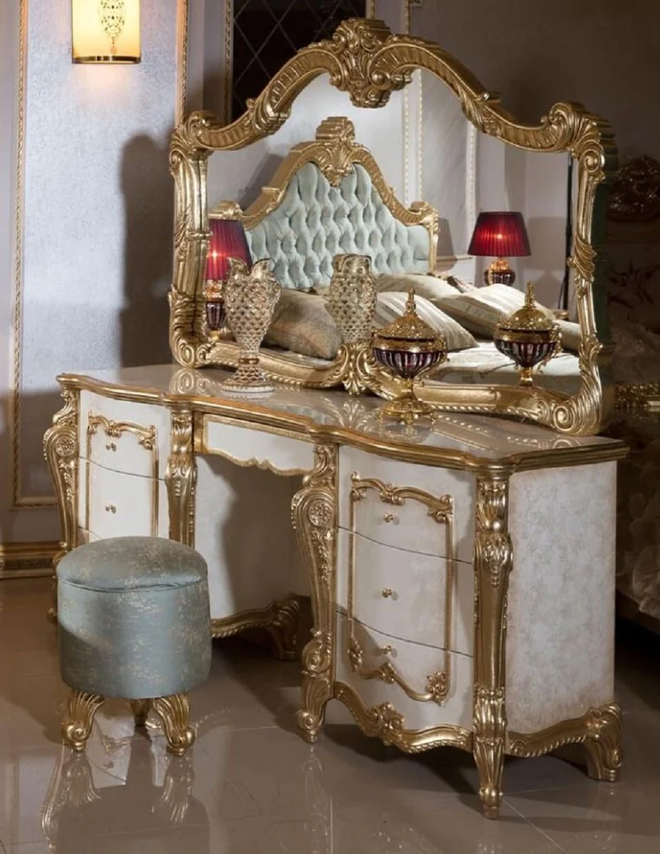 Luxury Baroque Bedroom Set White / Beige / Gold / Light Blue - 1 Baroque Dressing Table & 1 Baroque Mirror & 1 Baroque Stool - Baroque Bedroom Furniture - Noble & Magnificent