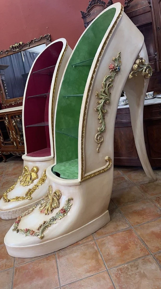 Luxury Baroque High Heel Display Cabinet Green / Cream / Gold - Handcrafted Solid Wood Women's Shoe Display Cabinet - Magnificent Baroque Furniture