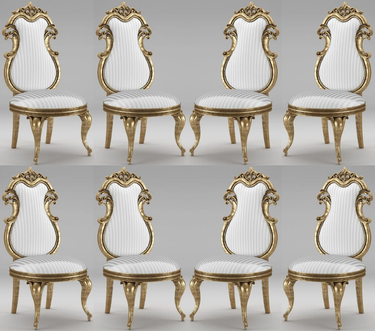 Luxury Baroque dining room chair set white / silver / antique gold 55 x 55 x H. 120 cm - Magnificent striped kitchen chairs - Baroque chairs set of 8 - Dining room furniture