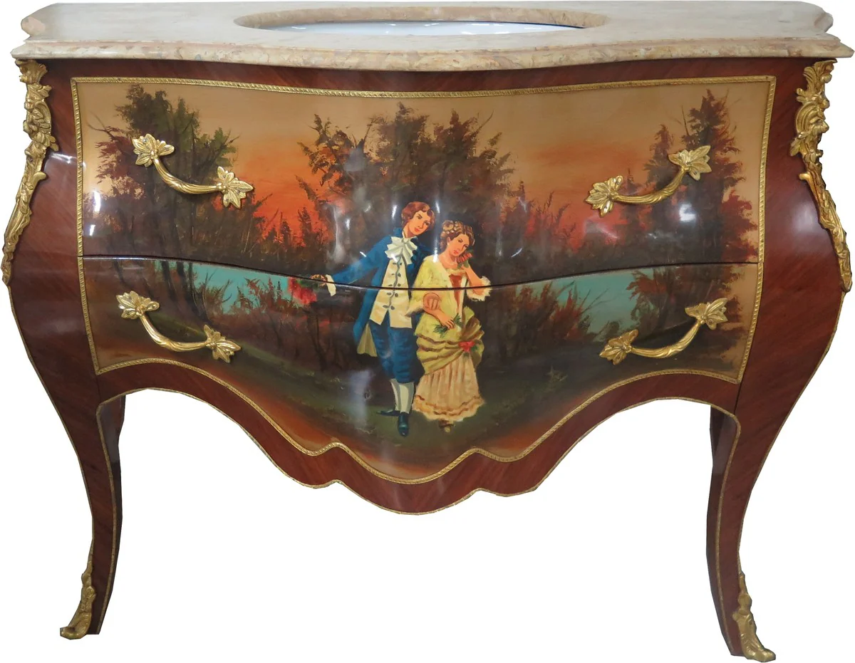 Baroque washbasin brown with painting and cream marble top - luxury baroque bathroom furniture