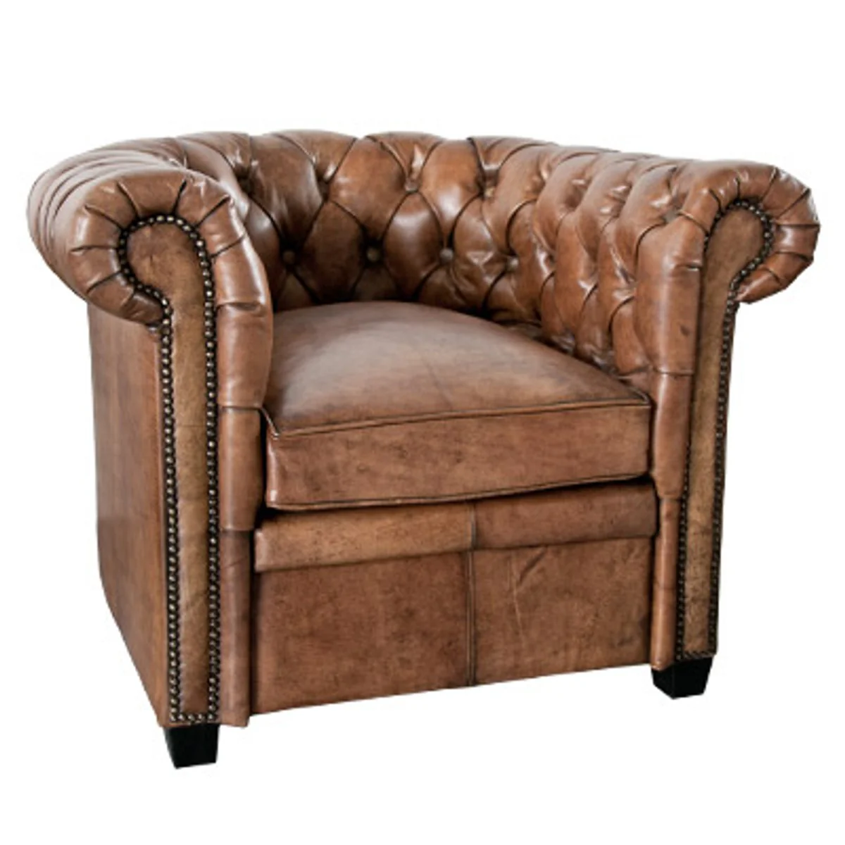 Chesterfield genuine leather armchair brown made of solid wood - luxury living room furniture