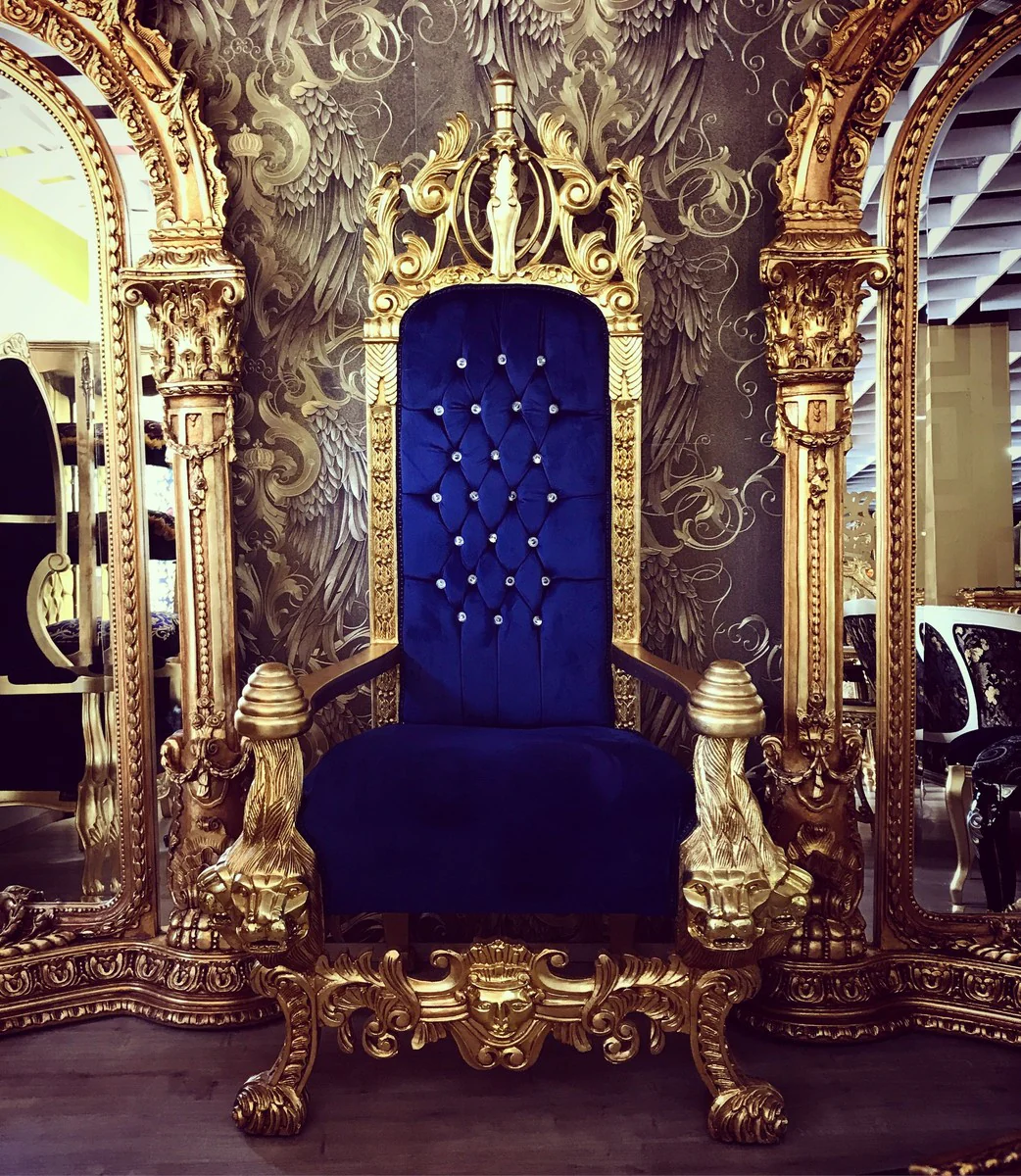 Majestic Harald Glööckler luxury baroque throne armchair Pompöös by Lion royal blue / gold