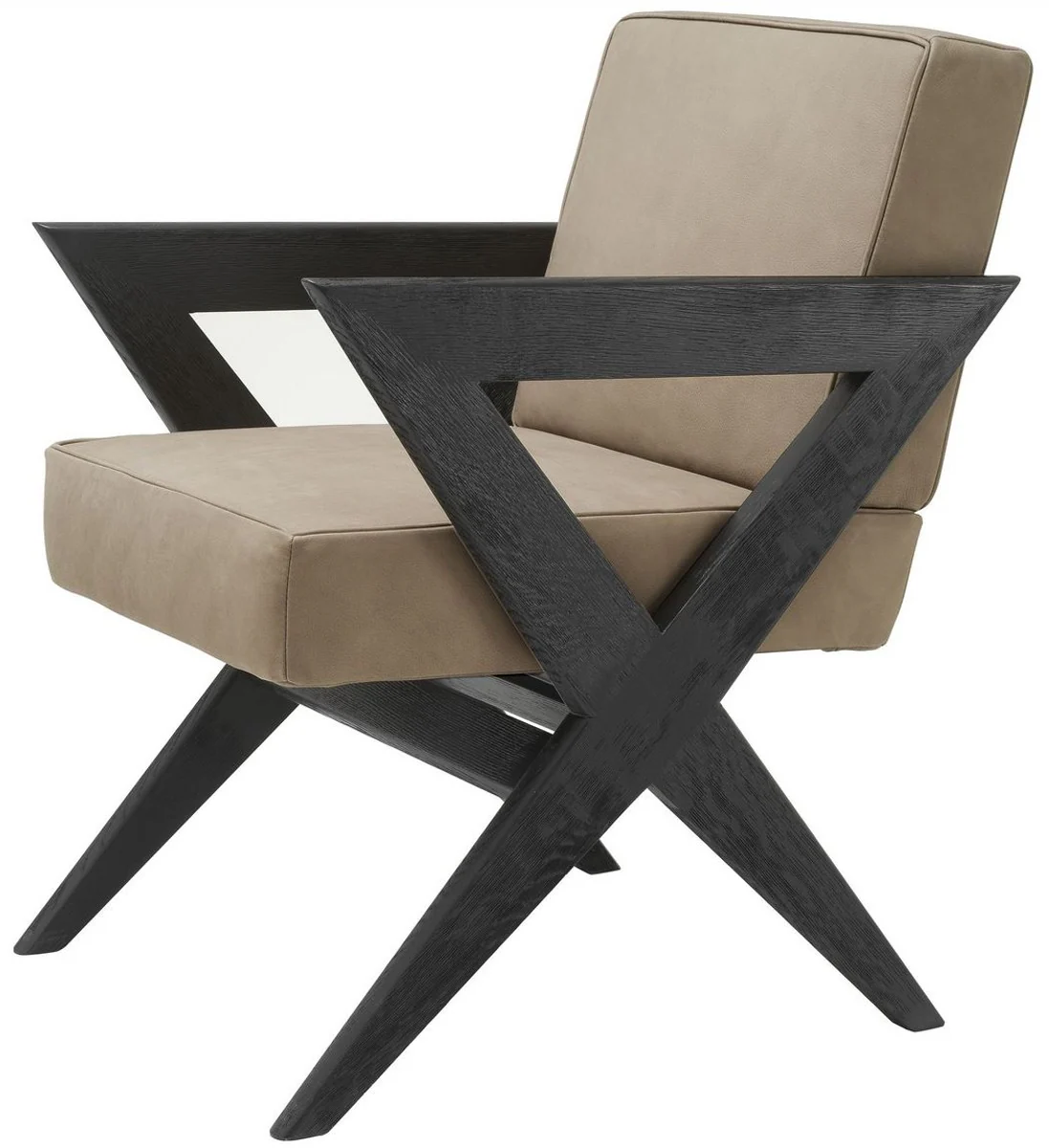 Luxury genuine leather dining room chair with armrests beige / black 59 x 74 x H. 88 cm - kitchen chair with elegant nubuck buffalo leather - luxury dining room furniture