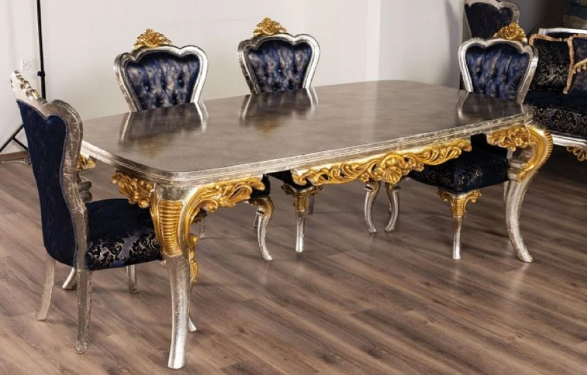 Luxury Baroque dining table silver / gold - Handcrafted solid wood dining room table in Baroque style - Magnificent Baroque dining room furniture