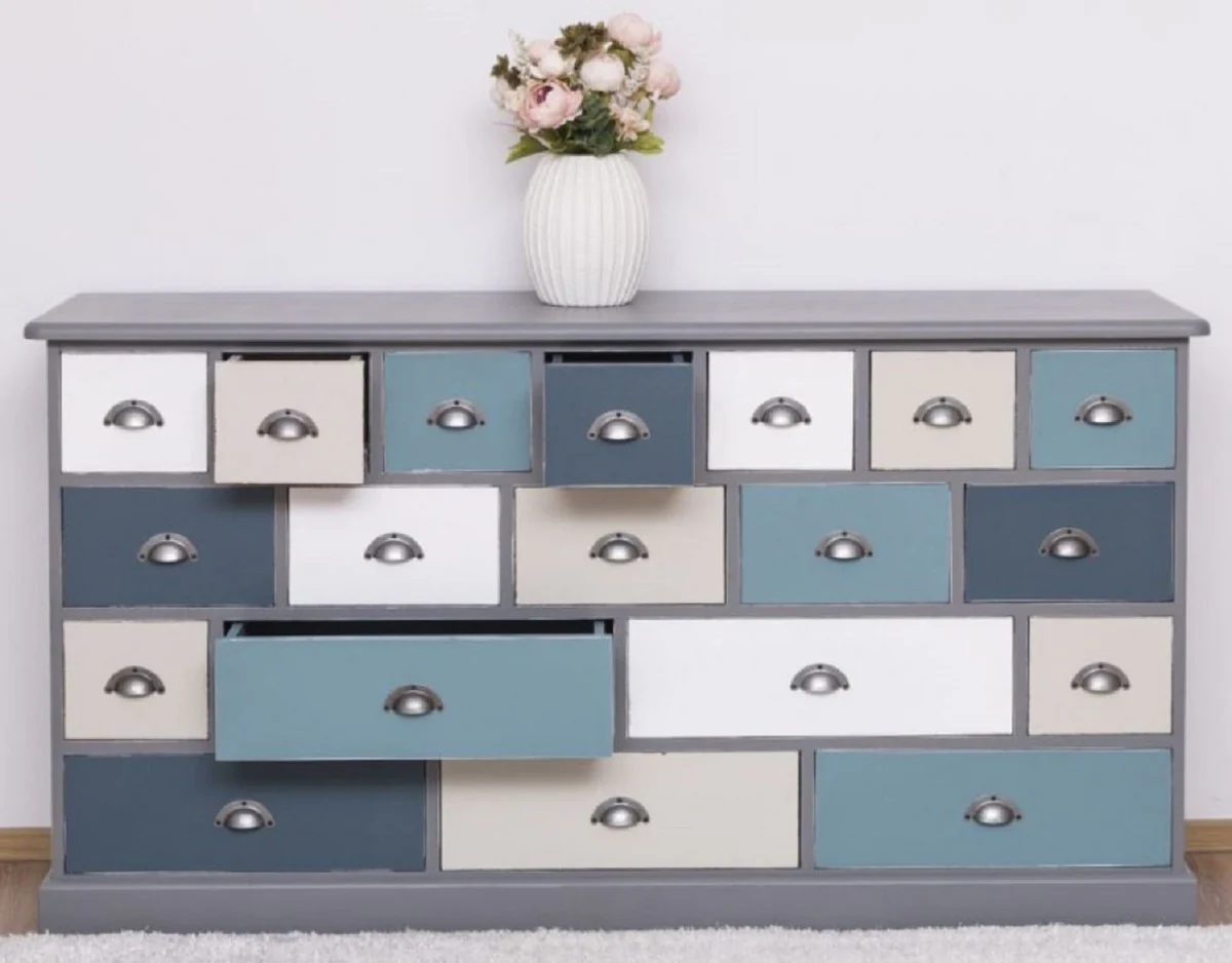 Country house style chest of drawers gray / multicolored 180 x 48 x H. 95 cm - Solid wood cabinet with 19 drawers - Country house style furniture - Country house style furniture - Country house style furnishings