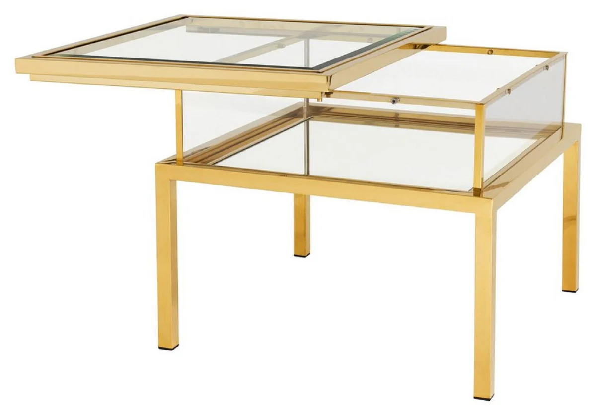 Luxury side table gold 65 x 65 x H. 55.5 cm - Square stainless steel side table with glass top - showcase