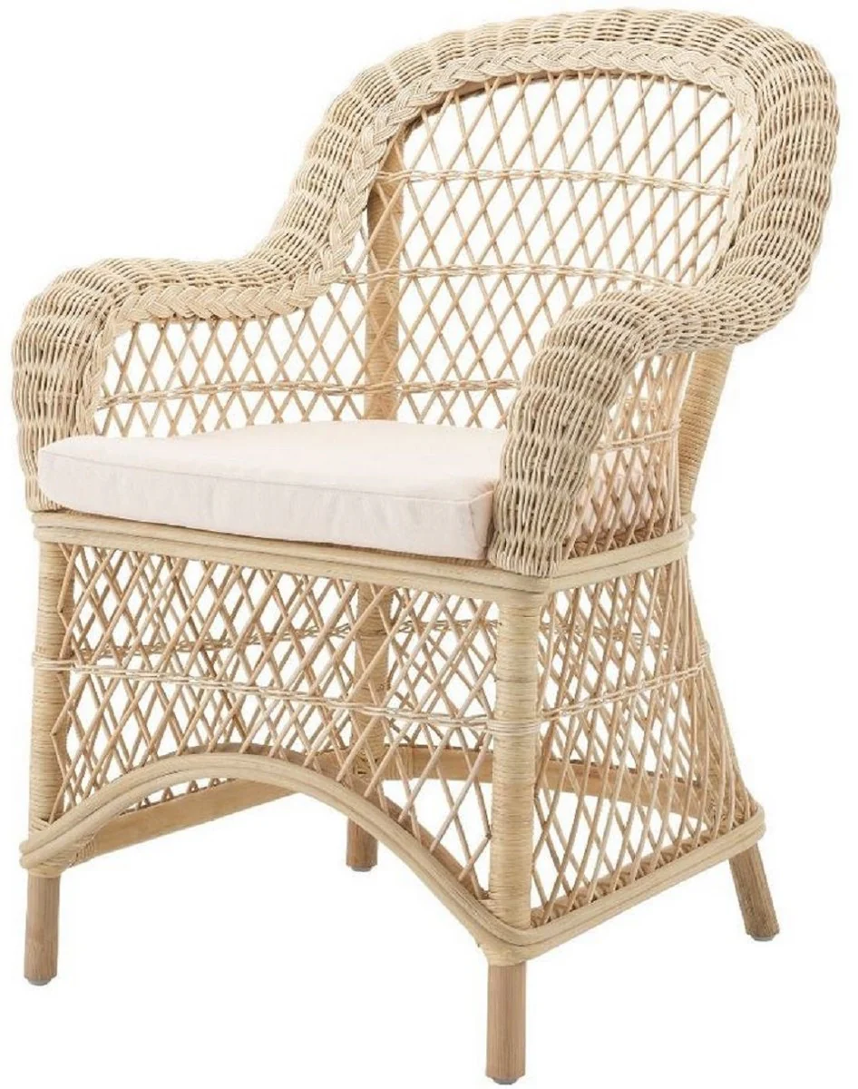 Luxury rattan dining chair with armrests and cushions natural / cream 63 x 68 x H. 88 cm - Dining room furniture