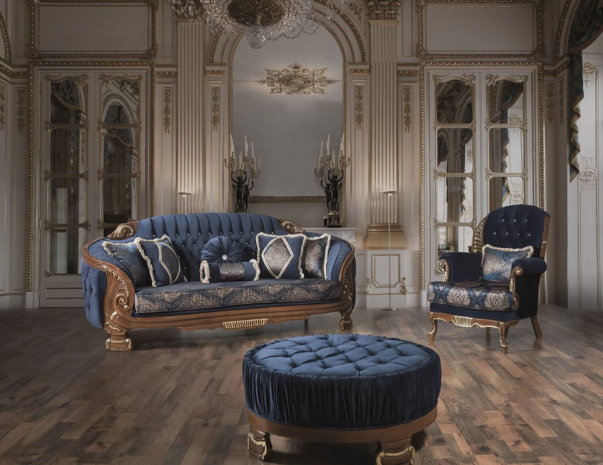 Luxury baroque coffee table blue / brown Ø 100 x H. 50 cm - Round living room table with elegant velvet fabric and glittering stones - Baroque furniture