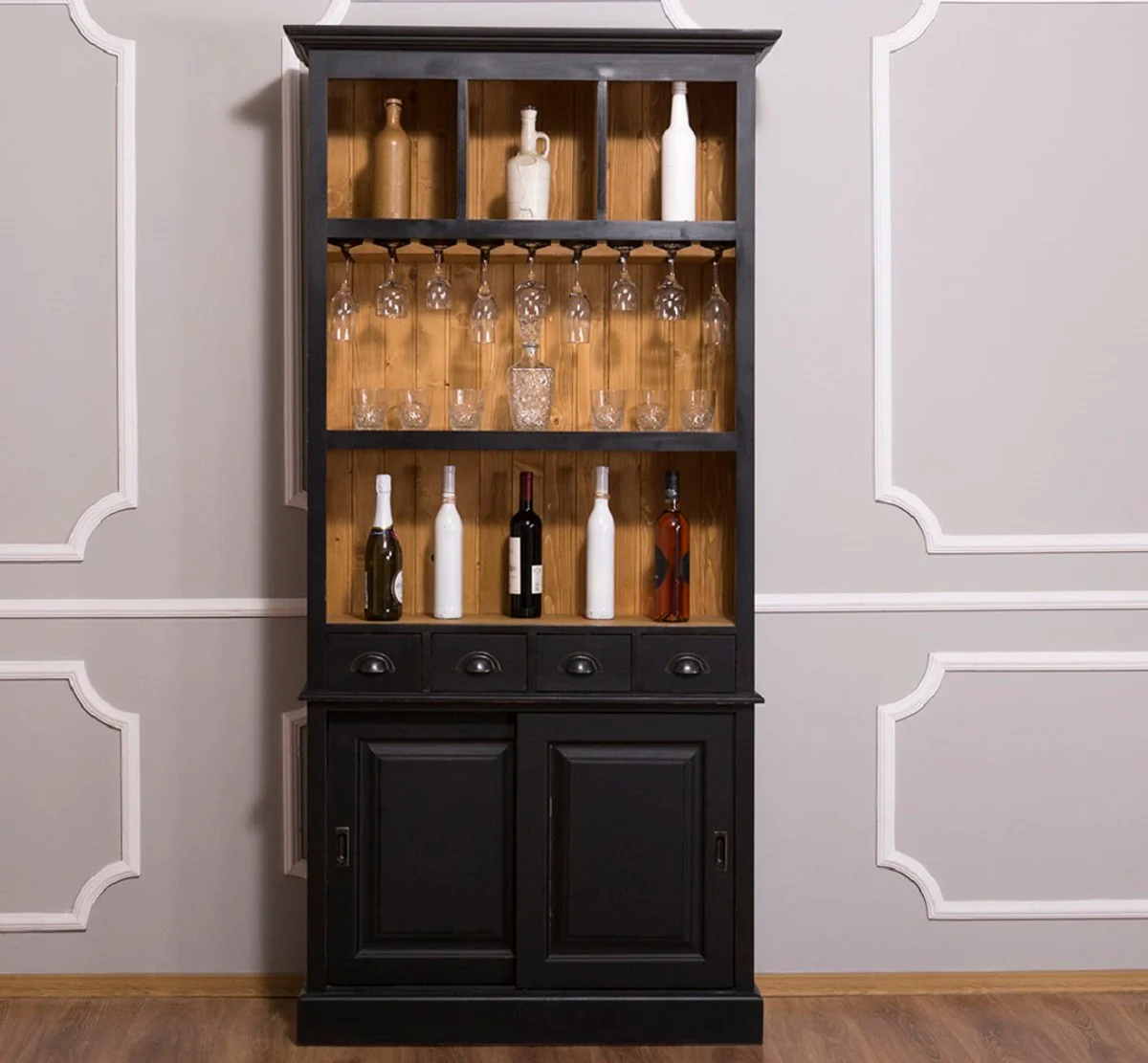 Country house style wine cabinet black / natural color 103 x 36 x H. 210 cm - bar cabinet in country house style
