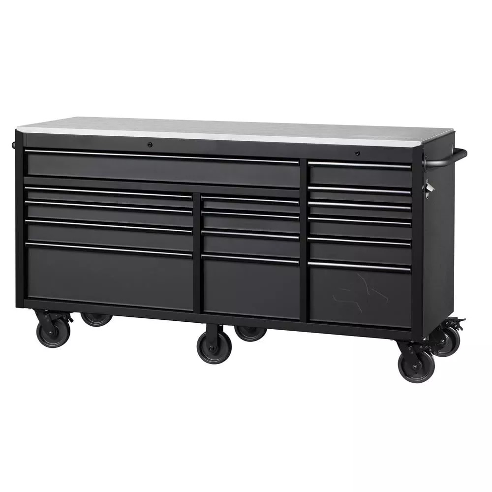 HEAVY-DUTY 72 IN W 15-DRAWER, DEEP TOOL CHEST MOBILE WORKBENCH IN MATTE BLACK MIT STAINLESS STEEL TOP UND DUAL LOCKS