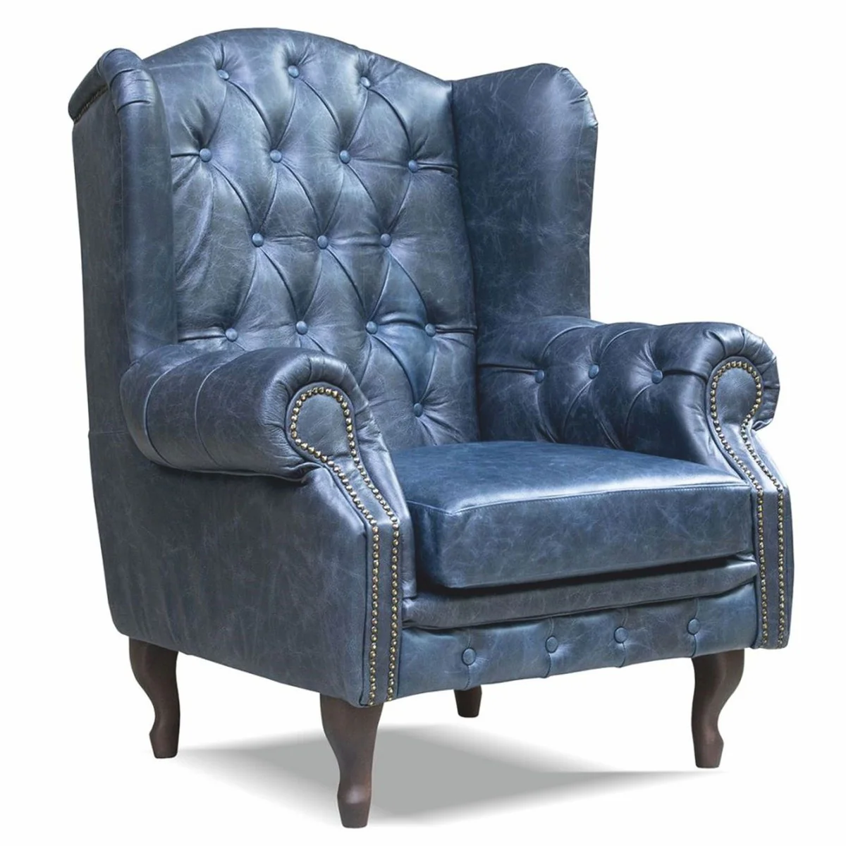 Luxury Chesterfield genuine leather wing chair vintage blue / dark brown