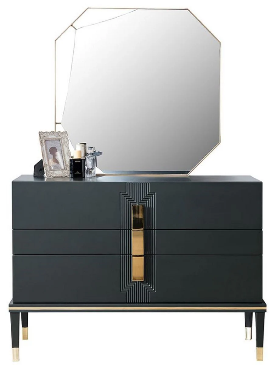 Luxury bedroom chest of drawers with wall mirror black / gold - Modern solid wood cabinet with elegant mirror - Luxury bedroom furniture