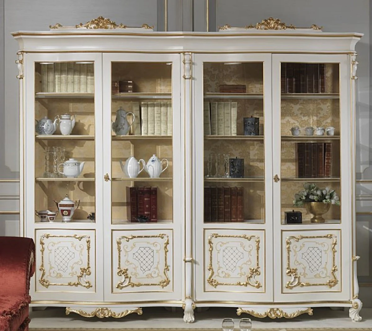 Luxury baroque display cabinet white / gold 276 x 60 x H. 230 cm - Elegant solid wood display cabinet with 4 doors - Hotel Restaurant Castle Furniture - Luxury Quality - Made in Italy