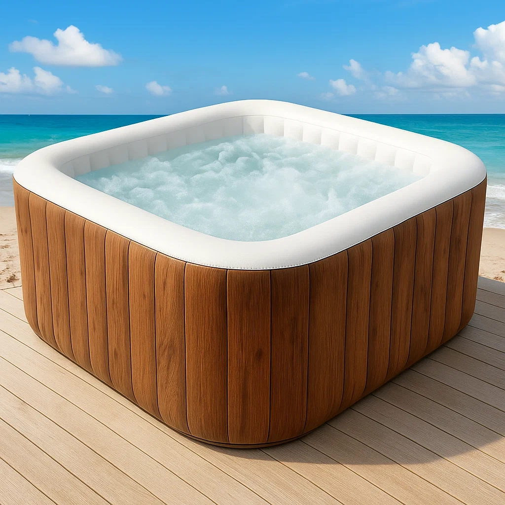 Aufblasbarer Whirlpool, 196 x 196 x 71 cm, 4 Personen, quadratisch, Holz/weiß, RnhNsRH366bK
