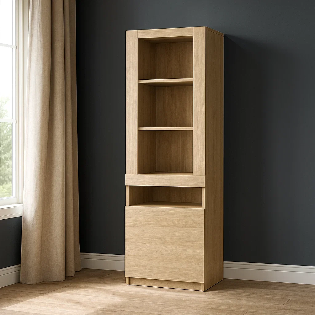 Vitrine mit einer blickdichten Tür und vier offenen Regalböden, Spanplatte, helle Holzfarbe, Montage erforderlich, für den Innenbereich, 50 x 40 x 180 cm - KrBPiOiePdp9