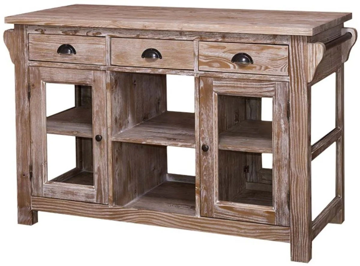 Country house style kitchen island natural colors 135 x 65 x H. 90 cm - country house style kitchen cabinet with 4 glass doors and 6 drawers