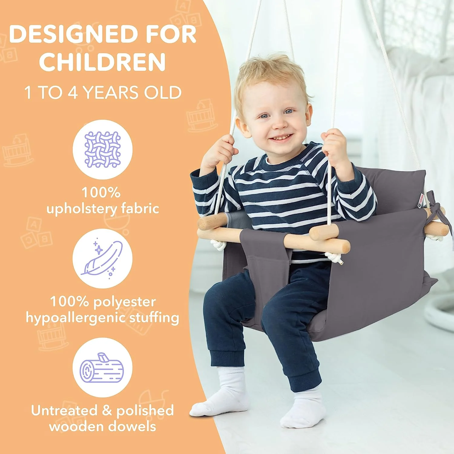 Babyschaukel aus Segeltuch, hängender Schaukelsitz aus Holz mit Sicherheitsgurt, langlebiger Baby-Hängemattenstuhl, Außen- und Innenschaukel für Kinder, Montagezubehör im Lieferumfang enthalten, Elfenbeinfarben