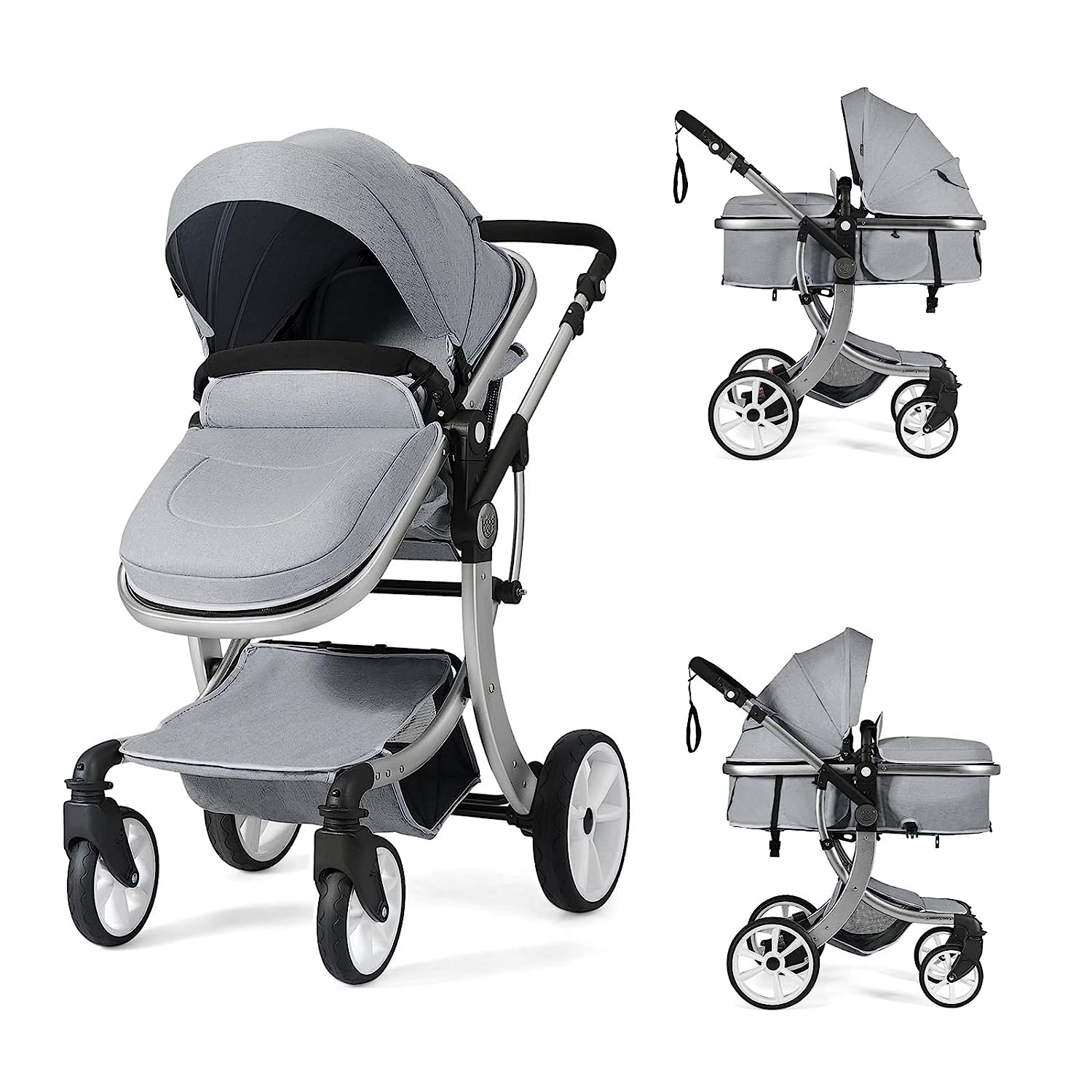 Kinderwagen, umwandelbarer Hochformat-Kinderwagen mit Stubenwagen, verstellbares Verdeck und Rückenlehne, Aufbewahrungskorb, Fußabdeckung, faltbarer Kinderwagen für Neugeborene (grau)