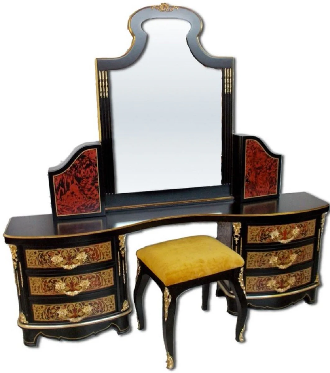Luxury Baroque Boulle Bedroom Set Black / Red / Gold - 1 Dressing Table with Mirror & 1 Stool - Magnificent Bedroom Furniture in Baroque Style - Luxury Quality - Made in Italy
