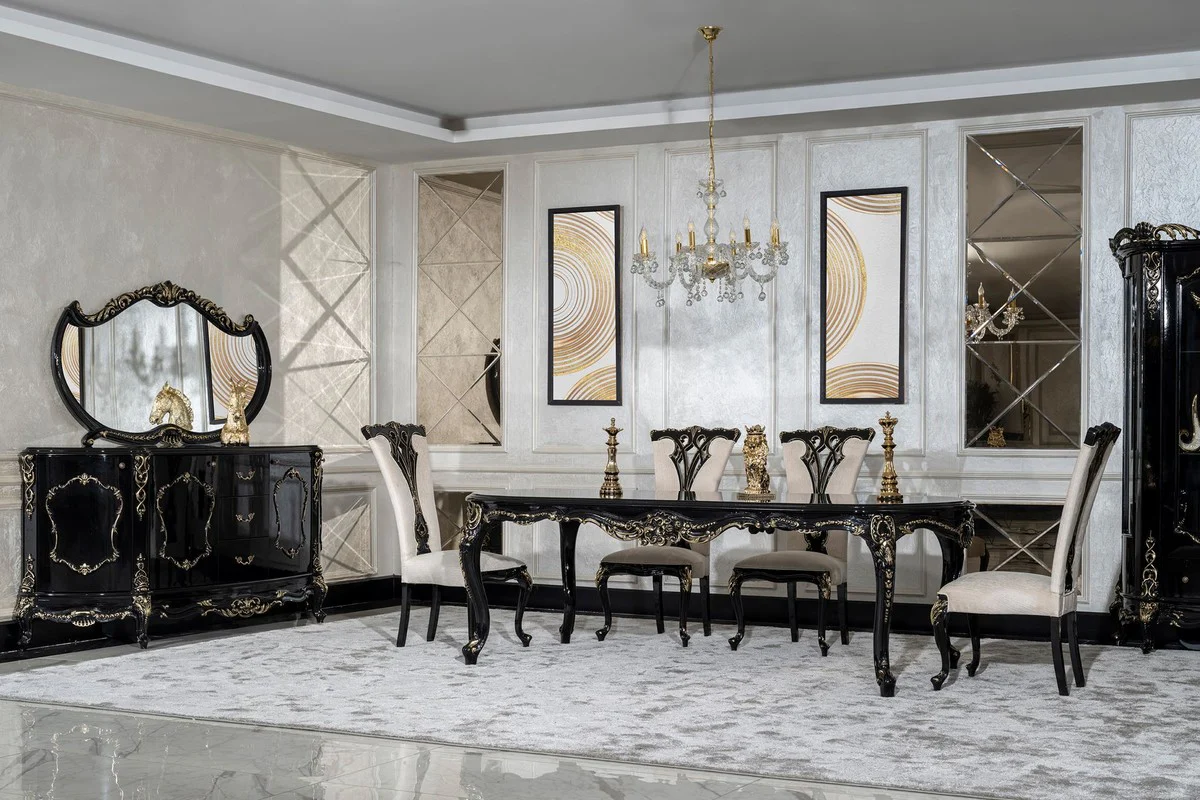 Luxury Baroque Dining Room Chair Cream / Black / Gold - Magnificent Baroque Style Kitchen Chair - Luxury Dining Room Furniture in Baroque Style - Baroque Furniture - Noble & Magnificent