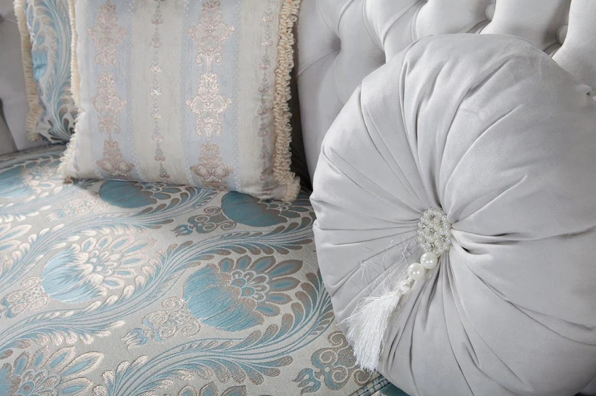 Luxury baroque velvet sofa with cushions gray / turquoise / antique gold 252 x 82 x H. 115 cm - living room furniture in the baroque style