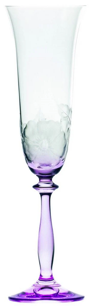 Luxury Baroque Champagne Glass Set of 6 Purple Ø 7 x H. 24.5 cm - Handmade and hand-engraved champagne glasses with flower design - Hotel & Restaurant Accessories