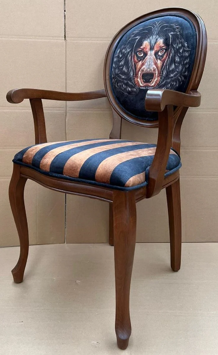 Luxus Barock Esszimmer Stuhl Schwarz / Braun - Handgefertigter Antik Stil Stuhl mit Armlehnen und edlem Samtstoff - Esszimmer Möbel im Barockstil