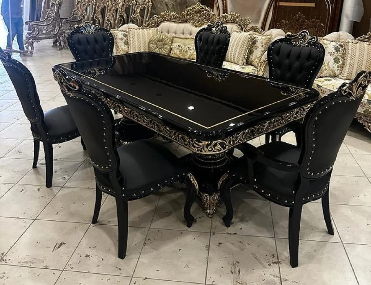 Luxury Baroque Dining Room Set Black / Gold - 1 Baroque Dining Table & 6 Baroque Dining Room Chairs - Baroque Dining Room Furniture - Luxury Furniture in Baroque Style - Noble & Magnificent