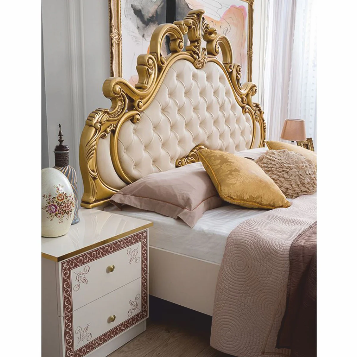 Luxury Baroque Double Bed Cream / White / Brown / Gold - Baroque style bedroom furniture