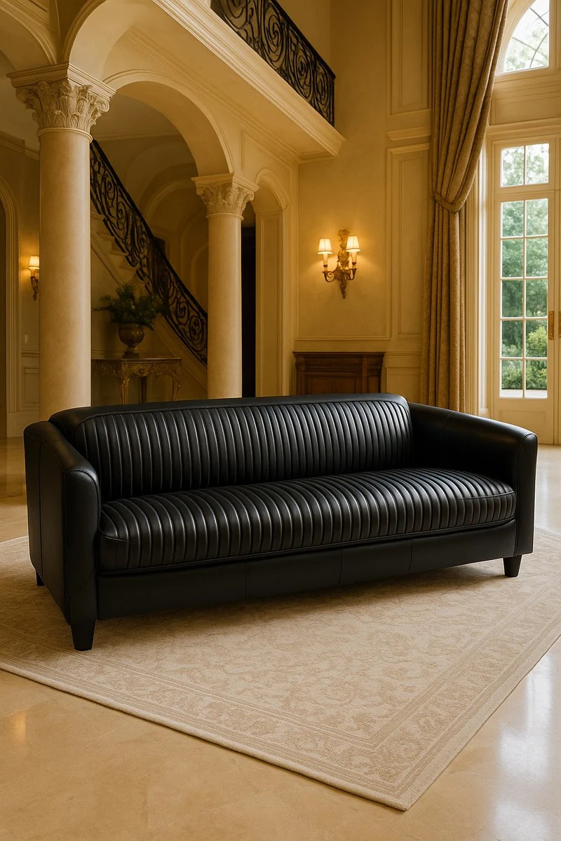 Luxus Leder Sofa Schwarz 177 cm - Echtleder Möbel