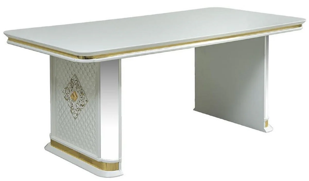 Luxury Art Deco Dining Table White / Gold - Handcrafted Solid Wood Kitchen Table with Mirror Glass - Art Deco Dining Room Furniture