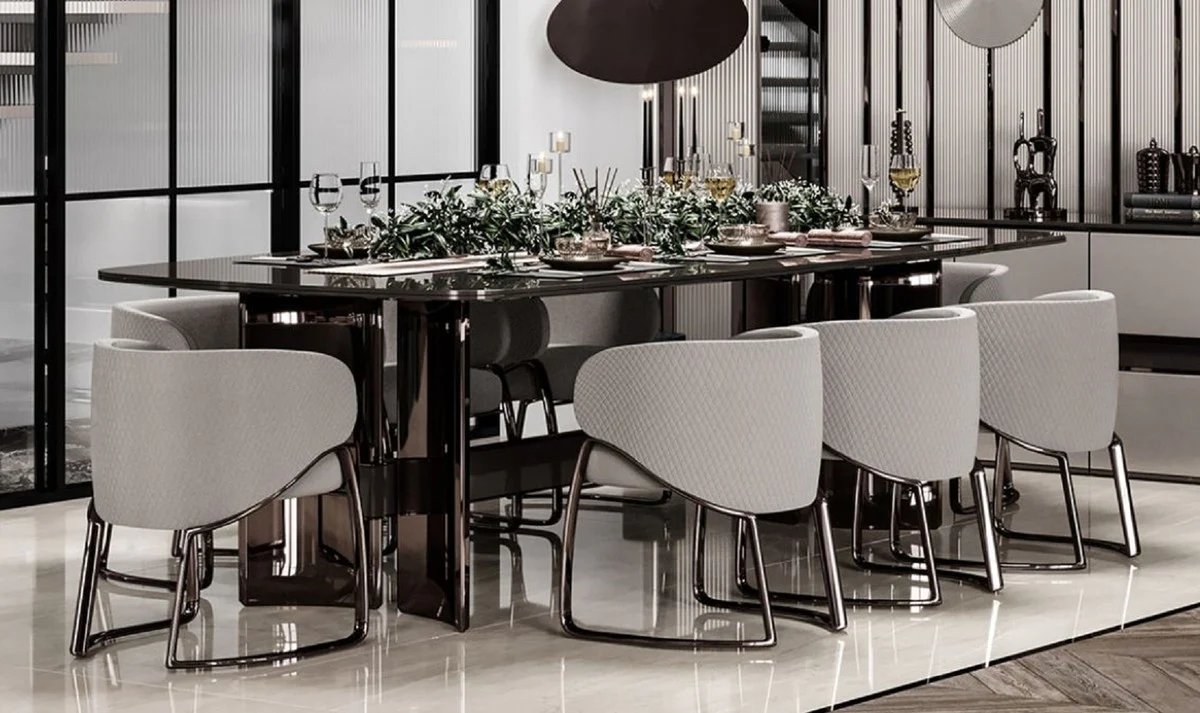 Luxury dining room set gray / bronze - 1 luxury dining table & 8 luxury dining room chairs with armrests - dining room furniture - luxury furniture - luxury furnishings