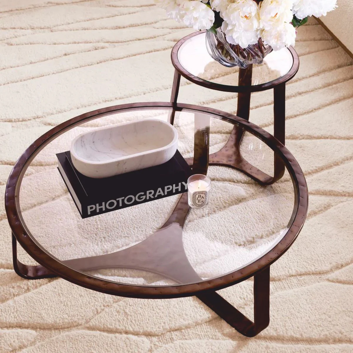 Luxury aluminum side table with glass top bronze Ø 50 cm - living room furniture