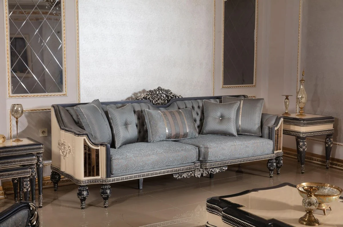 Luxury Baroque Sofa Light Blue / Beige / Black / Gold - Magnificent Living Room Sofa with Elegant Pattern - Baroque Living Room & Hotel Furniture - Noble & Magnificent