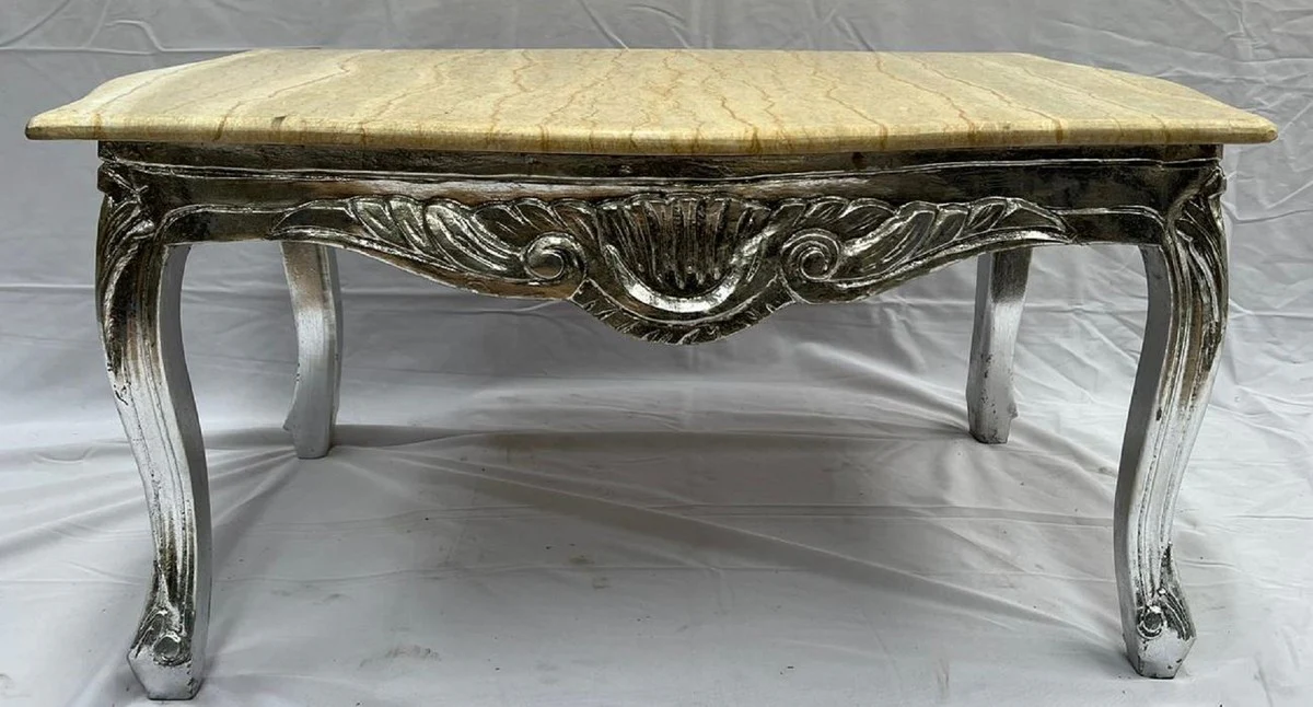 Baroque coffee table silver / cream - Rectangular solid wood living room table with marble top - Baroque style living room furniture - Baroque furniture - Antique style living room furniture
