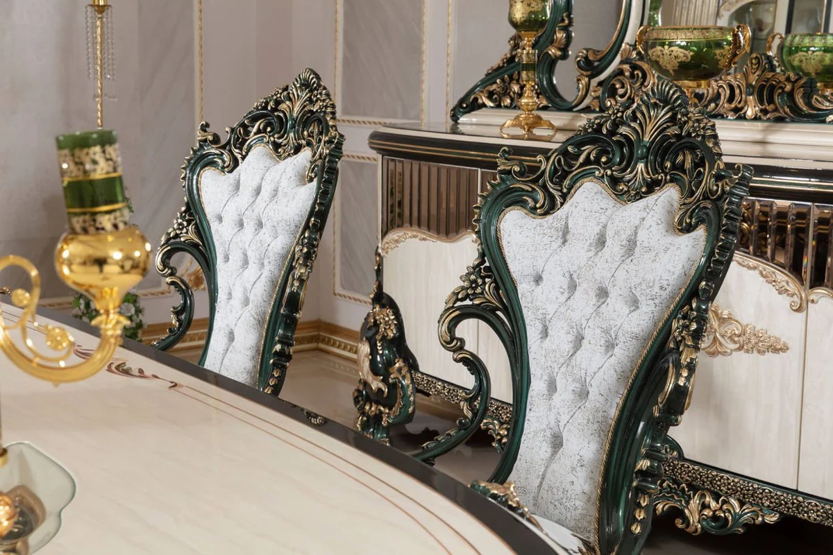 Luxury Baroque Dining Room Set White / Green / Gold - 1 Baroque Dining Table & 6 Baroque Dining Room Chairs - Baroque Dining Room Furniture - Luxury Furniture in Baroque Style - Noble & Magnificent - Luxury Quality