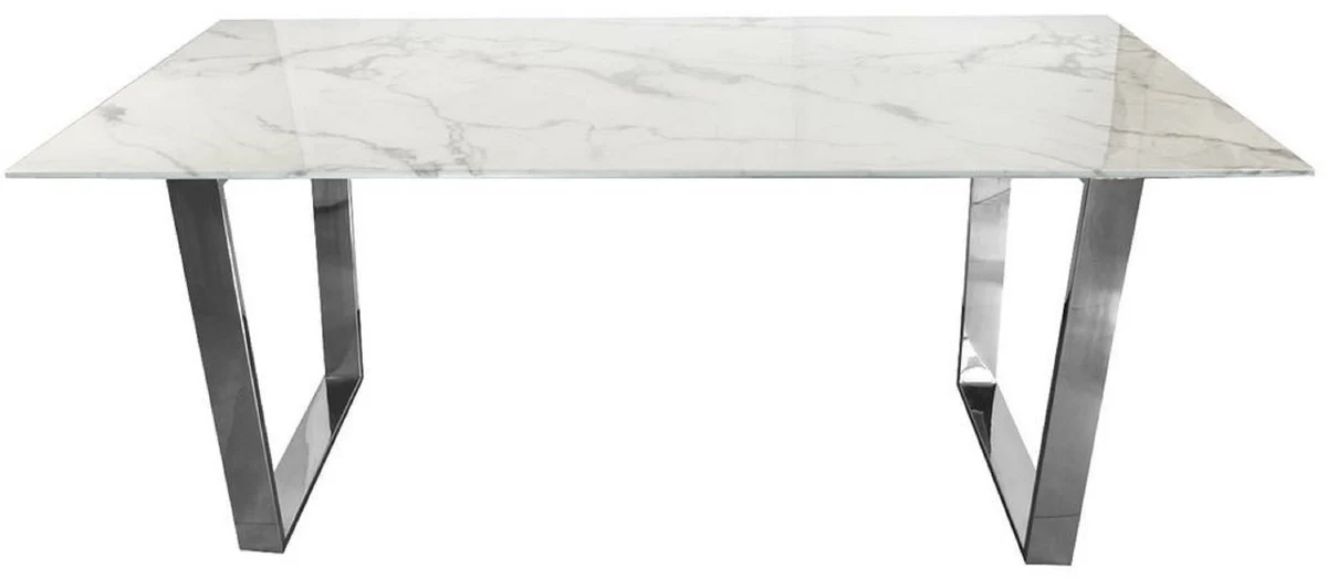 Luxury dining table white / silver 160 x 80 x H. 75 cm - Dining room table with artificial marble table top - Dining room furniture - Luxury furniture - Luxury furnishings