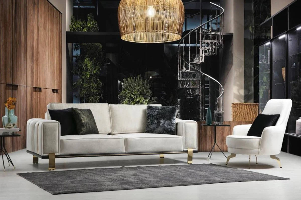 Luxury living room sofa with adjustable backrest white / gray / gold 223 x 93 x H. 76 cm - living room furniture - luxury furniture