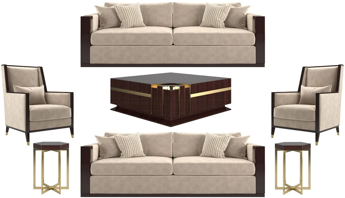 Luxus Art Deco Wohnzimmer Set Beige / Dunkelbraun Hochglanz / Gold - 2 Sofas & 2 Sessel & 1 Couchtisch & 2 Beistelltische - Edle Wohnzimmer Möbel - Luxus Qualität