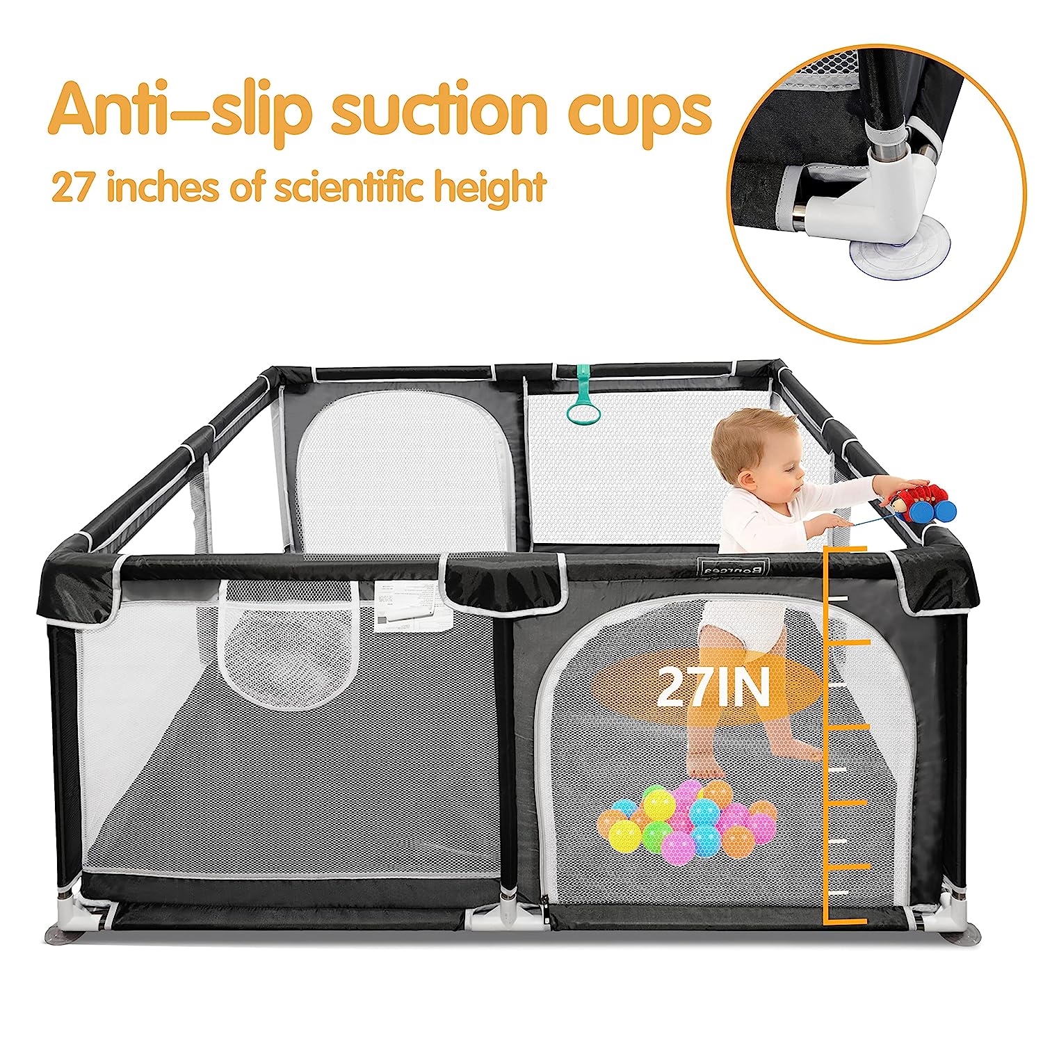 Baby-Laufstall, 127 x 127 cm, Pack N Play, Laufstall, Babygitter, Kinderaktivitätscenter, Laufstall für Babys und Kleinkinder, für drinnen und draußen (schwarz)