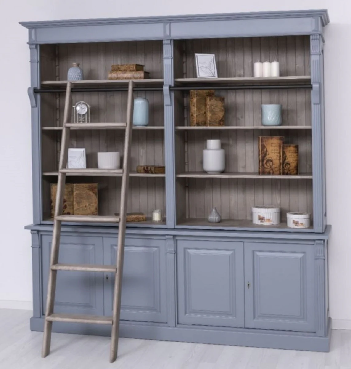 Country house style bookcase with ladder light blue / gray 223 x 51 x H. 228 cm - solid wood cupboard - living room cupboard - shelf cupboard - office cupboard - country house style furniture