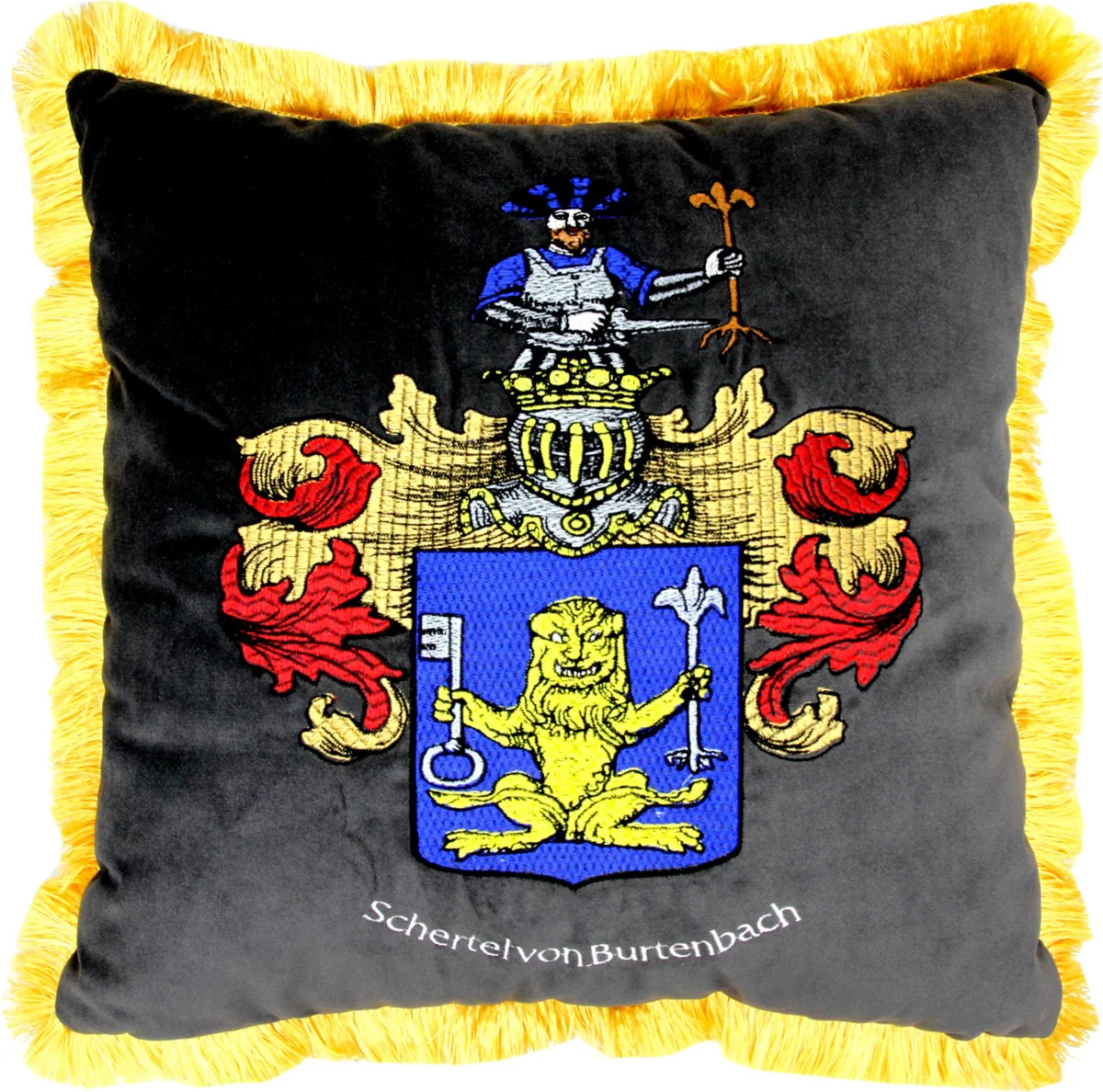 Luxus Deko Kissen Wappen Freiherr Schertel von Burtenbach Grau / Gold