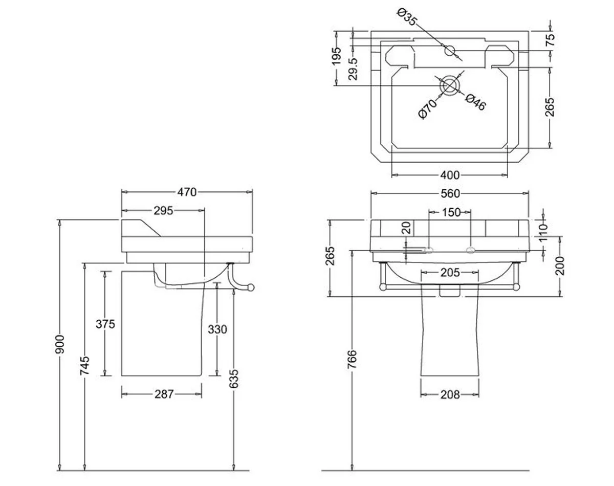 Porcelain washbasin with half base and towel rail 56 x 47 x H. 56 cm