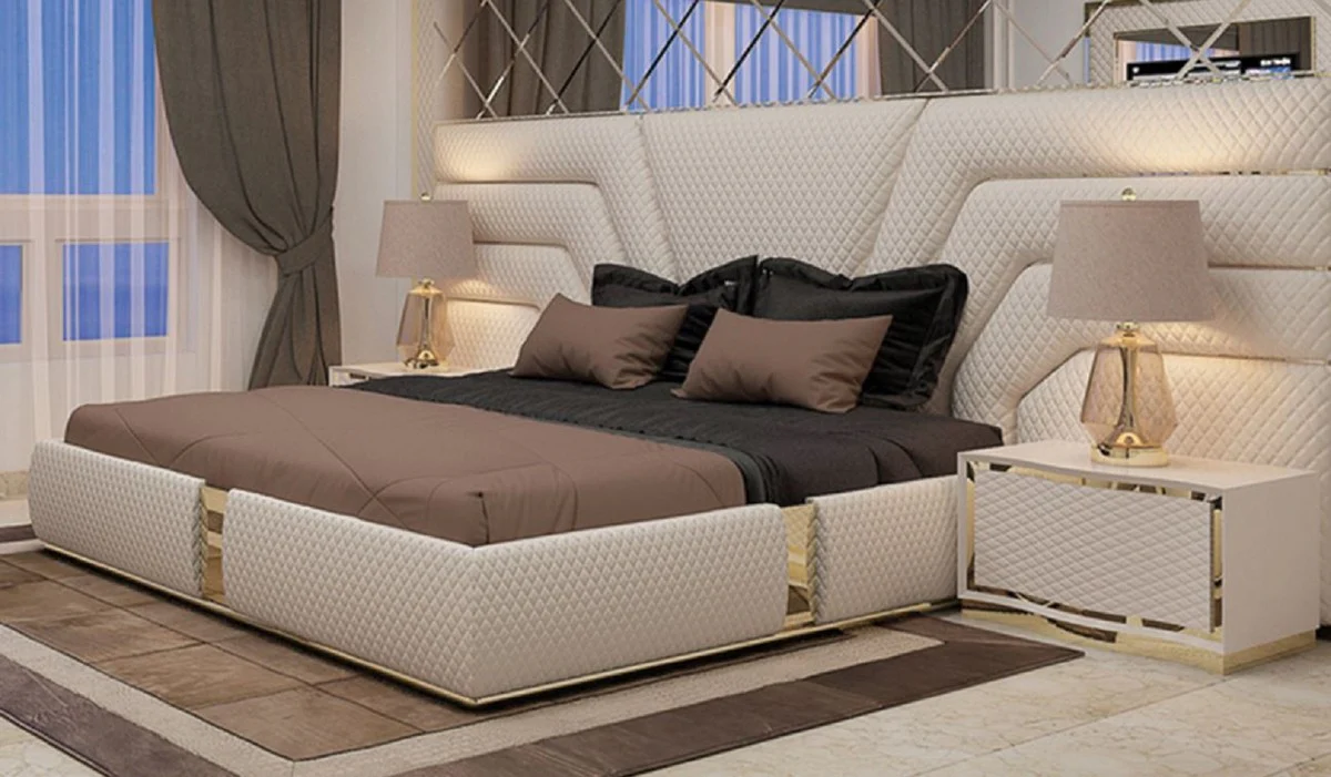 Luxury Bedroom Set Cream / Gold - 1 Double Bed with Headboard & 2 Bedside Tables - Modern Bedroom & Hotel Furniture - Luxury Quality