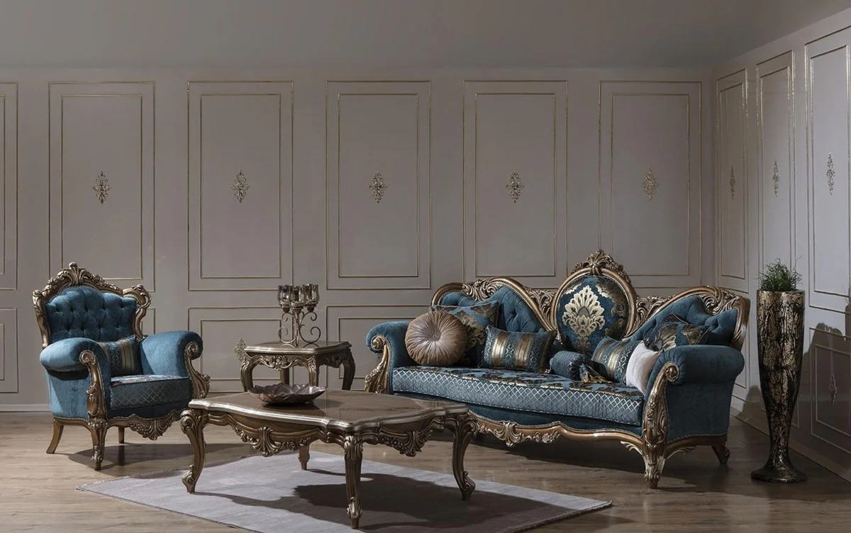 Luxus Barock Wohnzimmer Set Blau / Gold - 2 Sofas & 2 Sessel & 1 Couchtisch - Prunkvolle Wohnzimmer Möbel im Barockstil