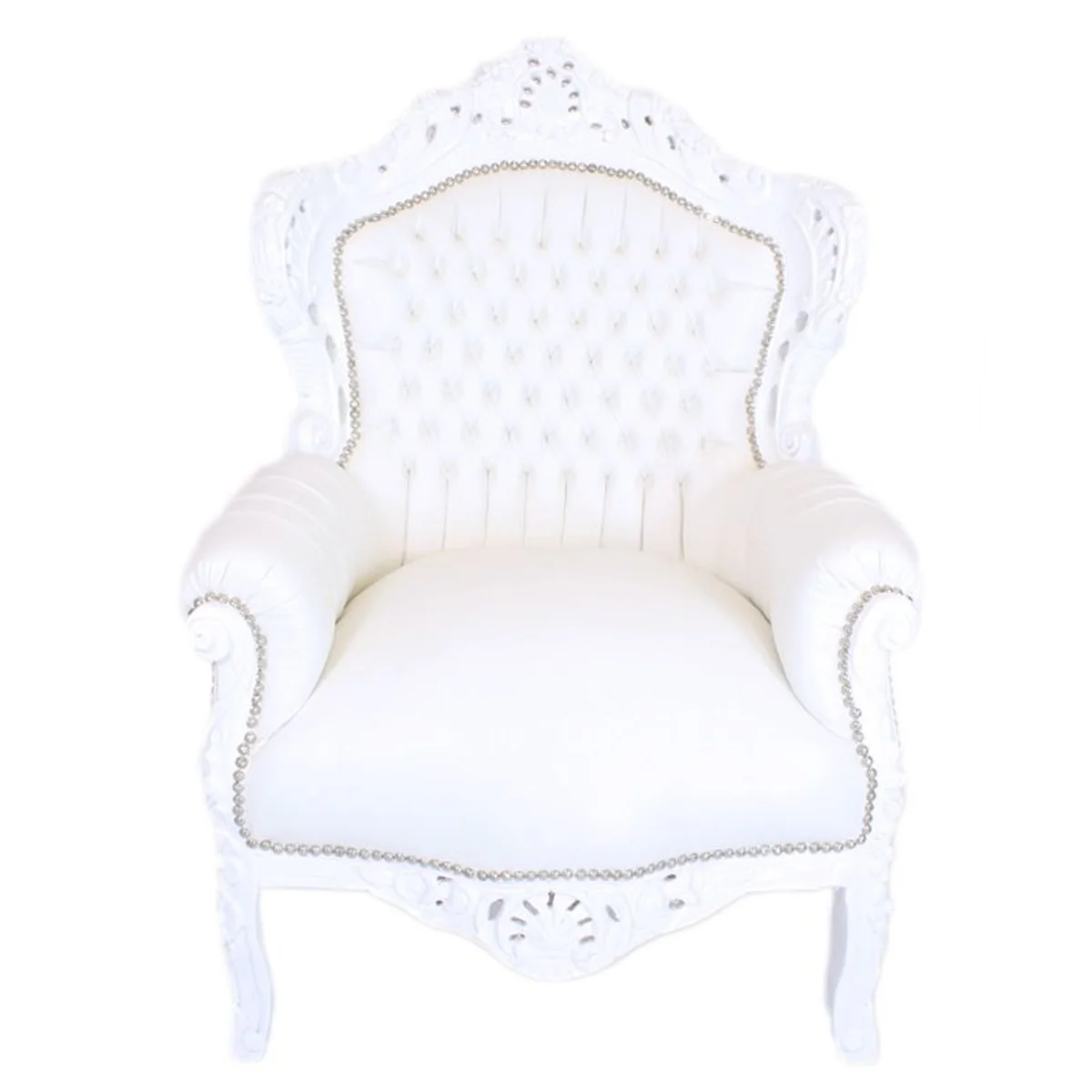 Barock Sessel King in weißer Lederoptik mit Glitzersteinen - Limited Edition