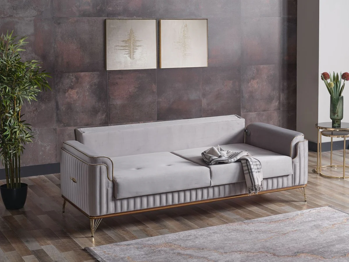 Luxury sofa bed light gray / brown / gold 228 x 94 x H. 88 cm - Living room sofa with 3 cushions - Luxury living room furniture