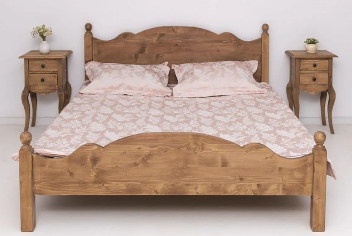 Country house style solid wood bedroom set brown - 1 country house style double bed & 2 country house style bedside tables - solid wood bedroom furniture - bedroom furniture in country house style